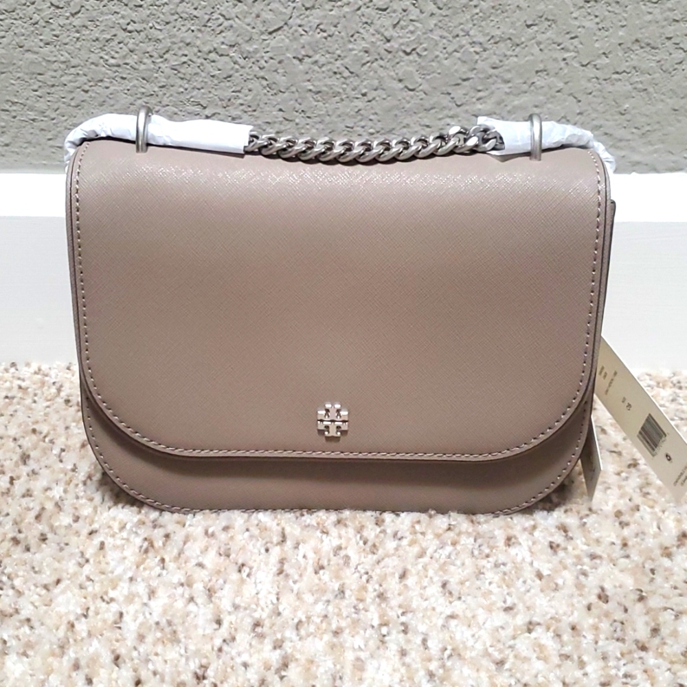 NWT GRAY HERON Tory Burch Emerson Women's Leather Flap Adjustable Shoulder Bag